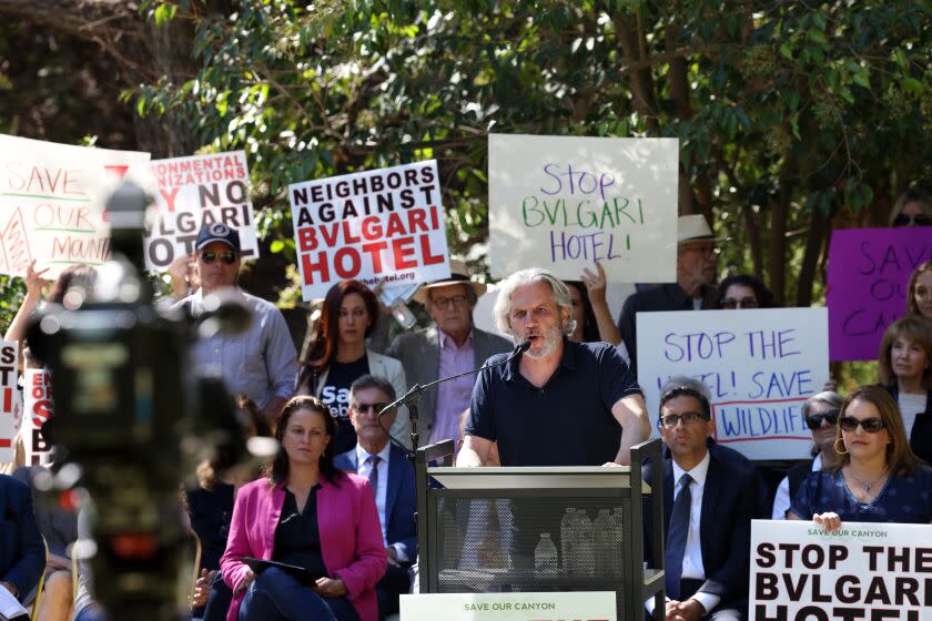 Los Angeles, CA - September 19: Mark Levin, the Save Our Canyon president, speaks during a press conference to announce their opposition to the proposed LVMH Bulgari Hotel project and call on the Los Angeles Planning and Land Use Management Committee to halt the project in near the proposed hotel site in Beverly Hills on Monday, Sept. 19, 2022 in Los Angeles, CA. (Dania Maxwell / Los Angeles Times)