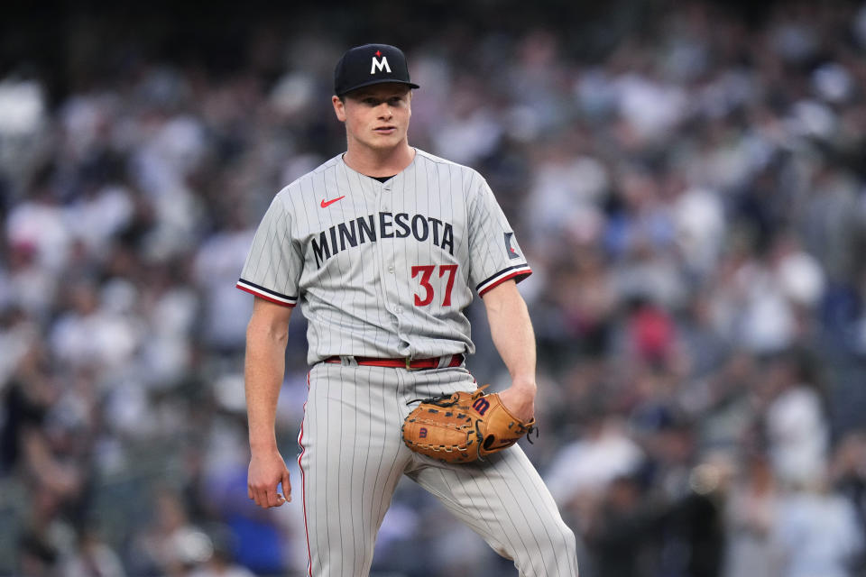 Minnesota Twins starting pitcher Louie Varland waits as New York Yankees' Aaron Judge runs the bases on a home run during the first inning of a baseball game Friday, April 14, 2023, in New York. (AP Photo/Frank Franklin II)