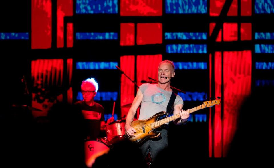 Sting stands near drummer Zach Jones during a concert at Hard Rock Live Sacramento near Wheatland on Wednesday night.