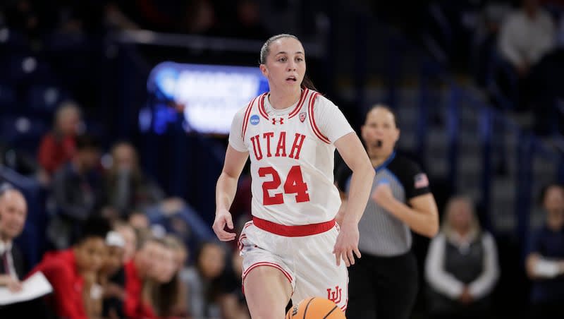 Utah guard Kennady McQueen (24) controls the ball during the first half of a first-round college basketball game against South Dakota State in the NCAA Tournament in Spokane, Wash., Saturday, March 23, 2024.