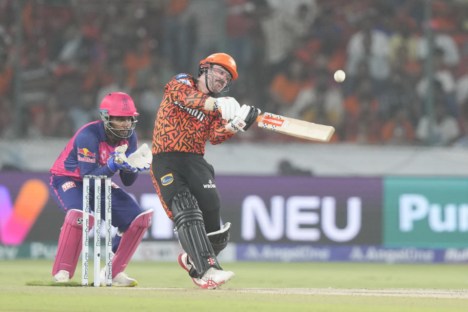 Sunrisers Hyderabad's Travis Head plays a shot during the Indian Premier League cricket match between Sunrisers Hyderabad and Rajasthan Royals in Hyderabad, India, Thursday, May 2, 2024. (AP Photo/Mahesh Kumar A.)