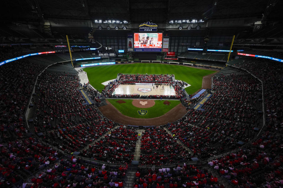 FILE - Wisconsin plays Stanford during the first half of an NCAA college basketball game, Nov. 11, 2022, at American Family Field, home of the Milwaukee Brewers, in Milwaukee. Wisconsin Gov. Tony Evers' office announced Tuesday, Feb. 14, 2023, that he wants to hand the Milwaukee Brewers nearly $300 million from Wisconsin's budget surplus to enact repairs and renovations on American Family Field. (AP Photo/Morry Gash, File)