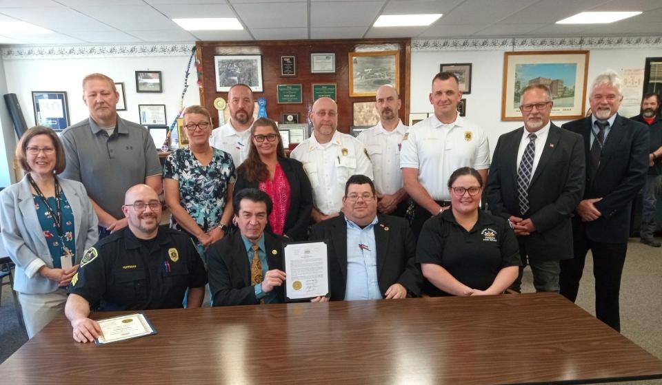 Eleven representatives of the 65 employees at Wayne County Correctional Facility were present May 2, 2024, at the courthouse annex in Honesdale for the county commissioners' proclamation for Corrections Employee Week. From left, seated: Sgt. Justin Huffman; Warden Randal Williams; Deputy Warden John Masco; Maria Desanti, food service. Standing: Commissioner Joceyln Cramer; Jason Newbon, mead of Maintenance; Anna Steelman, head nurse; Lt. Michael Gill, security mechanic; Jen Geyer, director of inmate services; Tom Dixon, training; Lt. Paul Soccodate; Lt. Jason Rivardo; Commissioners Brian Smith and James Shook.
