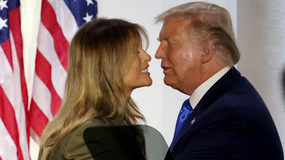 President Donald Trump and first lady Melania Trump embrace after she addressed the Republican National Convention from the Rose Garden at the White House on August 25, 2020 in Washington, DC. (Alex Wong/Getty Images)