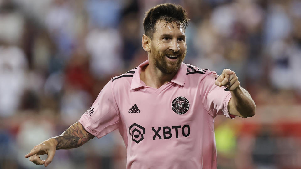 Inter Miami forward Lionel Messi celebrates after his goal against the New York Red Bulls during an MLS soccer match at Red Bull Arena, Saturday, Aug. 26, 2023, in Harrison, N.J. (AP Photo/Eduardo Munoz Alvarez)