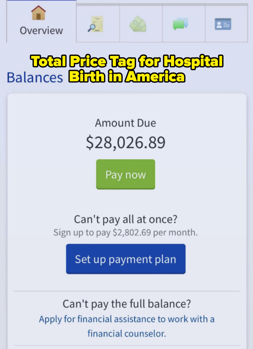 Billing interface showing an amount due of $28,026.89 with options to pay now or set up a payment plan of $2,802.69 per month. Financial assistance link available