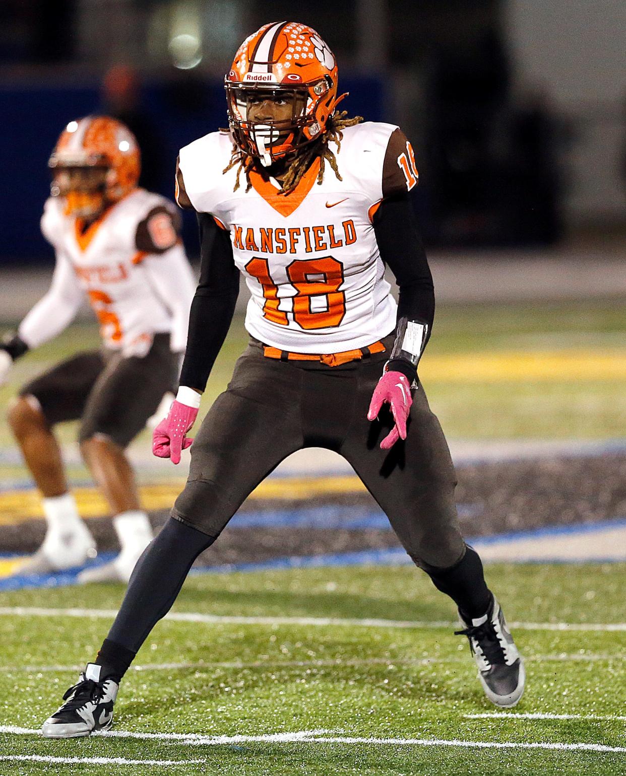 Mansfield Senior High School's Maurice Bradley II (18) against Toledo Central Catholic High School during their OHSAA Division III Region 10 high school football semifinal game action Friday, Nov. 10, 2023 at Bob Bishop Stadium in Clyde. TOM E. PUSKAR/MANSFIELD NEWS JOURNAL