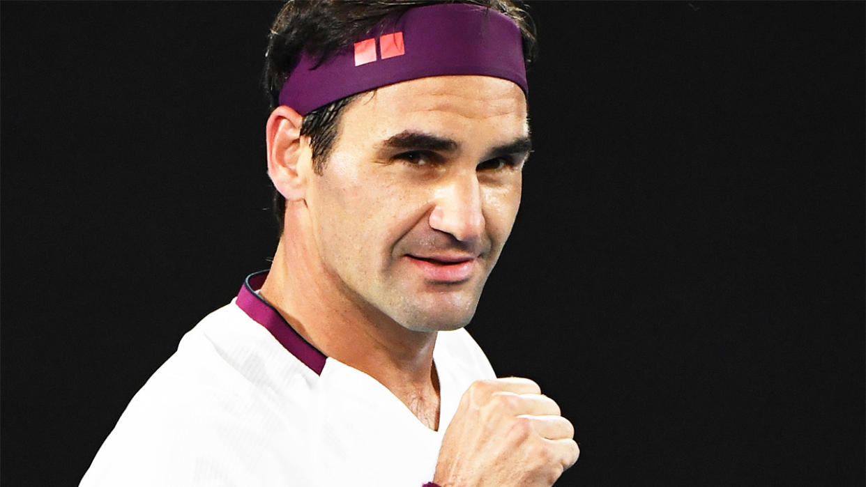 Roger Federer celebrates after victory at the Australian Open.