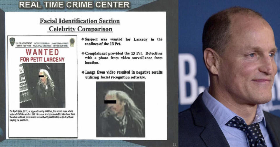 Documento del departamento policial sobre la identificación facial y una imagen del actor Woody Harrelson - Imagen: Georgetown Law Center on Privacy and Technology