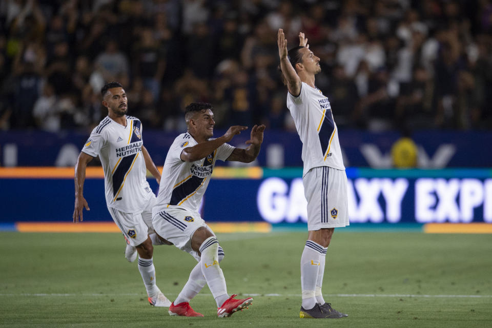 Jul 19, 2019; Carson, CA, USA; LA Galaxy forward Zlatan Ibrahimovic (9) celebrates his goal during the second half against the Los Angeles FC at Dignity Health Sports Park. Mandatory Credit: Kelvin Kuo-USA TODAY Sports