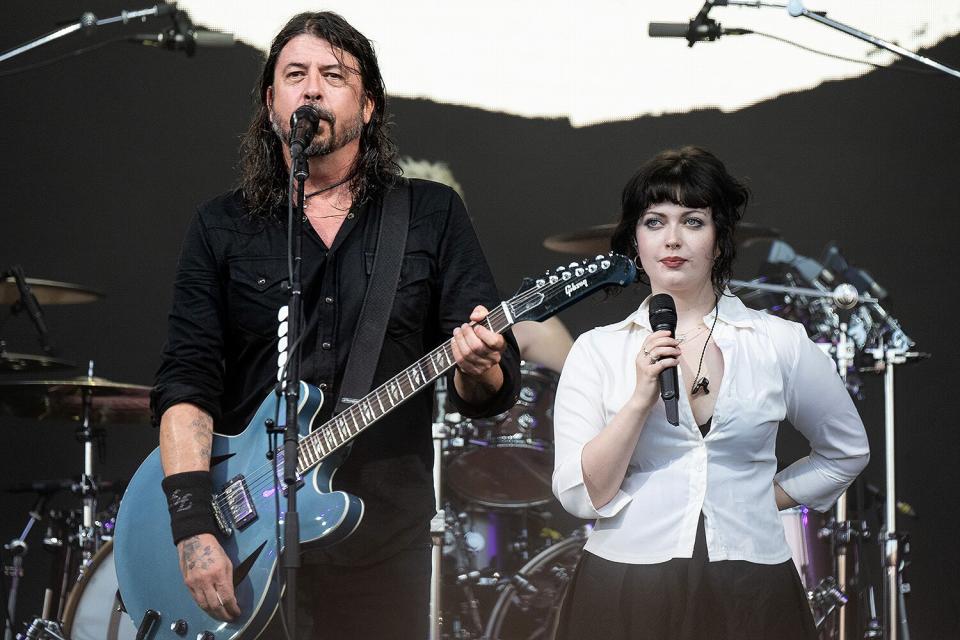 Dave Grohl from the Foo Fighters performs with his daughter Violet Grohl on The Pyramid Stage at Day 3 of Glastonbury Festival 2023