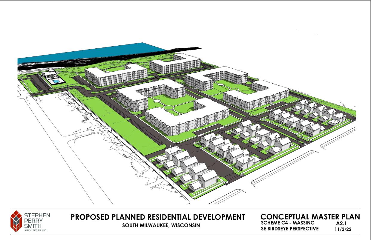 A development featuring a mix of 587 residential units is under consideration in South Milwaukee for the former Everbrite site. This rendering from Stephen Perry Smith Architects, Inc. shows the general design of the proposal from Fresh Coast Development.