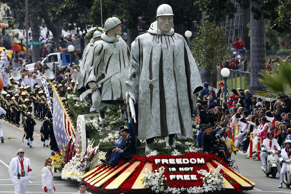 The float Freedom Is Not Free,  sponsored by the Korean War Commemoration Committee, appears in the 124th Rose Parade in Pasadena, Calif., Tuesday, Jan. 1, 2013. (AP Photo/Patrick T. Fallon)