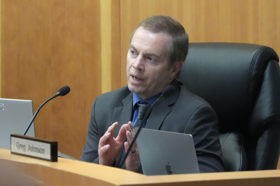 Utah Board of Pardons board member Blake R. Hills speaks during the Utah Board of Pardons commutation hearing for death row inmate Taberon Honie Monday, July 22, 2024, at the Utah State Correctional Facility, in Salt Lake City. (AP Photo/Rick Bowmer)