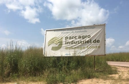 A signboard is seen along the road leading to the Bukanga Lonzo agro-industrial park in Bukanga-Lonzo, western Democratic Republic of Congo, April 27, 2018. REUTERS/Patient Ligodi