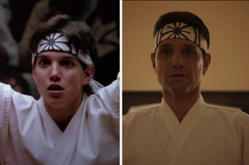 Ralph Macchio as Daniel LaRusso fights in "The Karate Kid" and wears the same competition outfit again for "Cobra Kai"