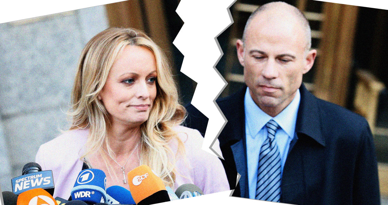 Stormy Daniels speaks to the media along with lawyer Michael Avenatti outside federal court in the Manhattan in 2018. (Photo illustration: Yahoo News; photo: Brendan Mcdermid/Reuters)
