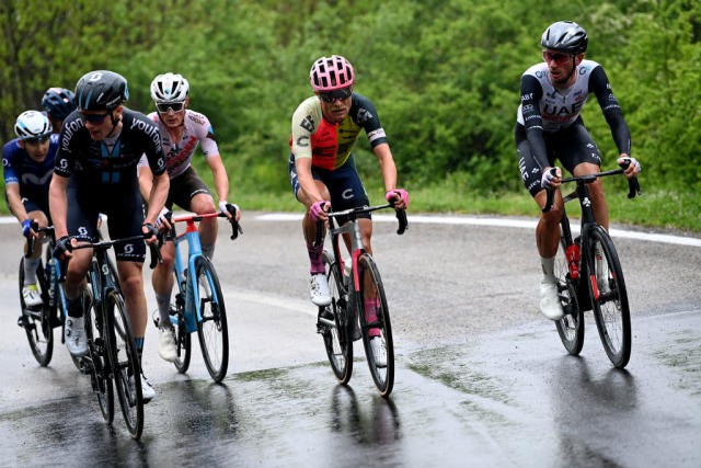 LAGO LACENOBAGNOLI IRPINO ITALY  MAY 09 LR Nicolas Prodhomme of France and AG2R Citron Team Magnus Cort of Denmark and Team EF EducationEasyPost and Brandon Mcnulty of The United States and UAE Team Emirates compete during the 106th Giro dItalia 2023 Stage 4 a 175km stage from Venosa to Lago Laceno 1059m  Bagnoli Irpino  UCIWT  on May 09 2023 in Lago Laceno 1059m  Bagnoli Irpino Italy Photo by Tim de WaeleGetty Images