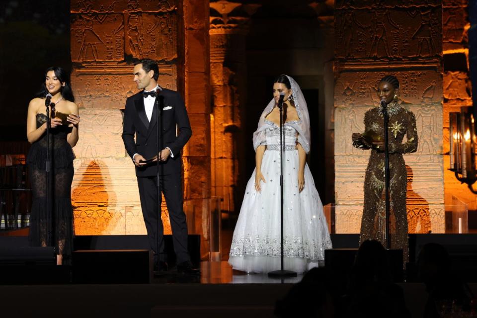 NEW YORK, NEW YORK - MAY 01: (L-R) Gala Co-Chairs Dua Lipa, Roger Federer, Penélope Cruz, and Michaela Coel speak onstage during The 2023 Met Gala Celebrating 'Karl Lagerfeld: A Line Of Beauty' at The Metropolitan Museum of Art on May 01, 2023 in New York City. (Photo by Kevin Mazur/MG23/Getty Images for The Met Museum/Vogue)