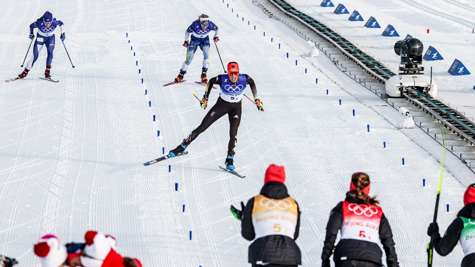 Sofie Krehl (pictured) at the finish of the women's cross-country skiing 4 x 5km relay race at the 2022 Winter Olympics.