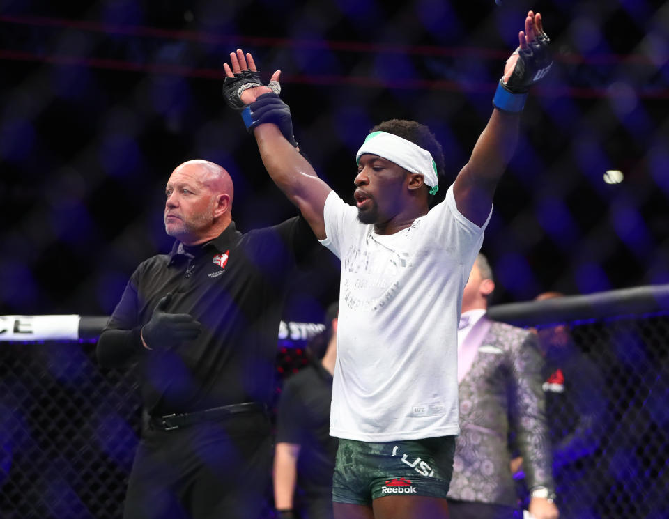 January 18, 2020; Las Vegas, Nevada, USA; Sodiq Yusuff is declared the winner by unanimous decision against Andre Fili during UFC 246 at T-Mobile Arena. Mandatory Credit: Mark J. Rebilas-USA TODAY Sports