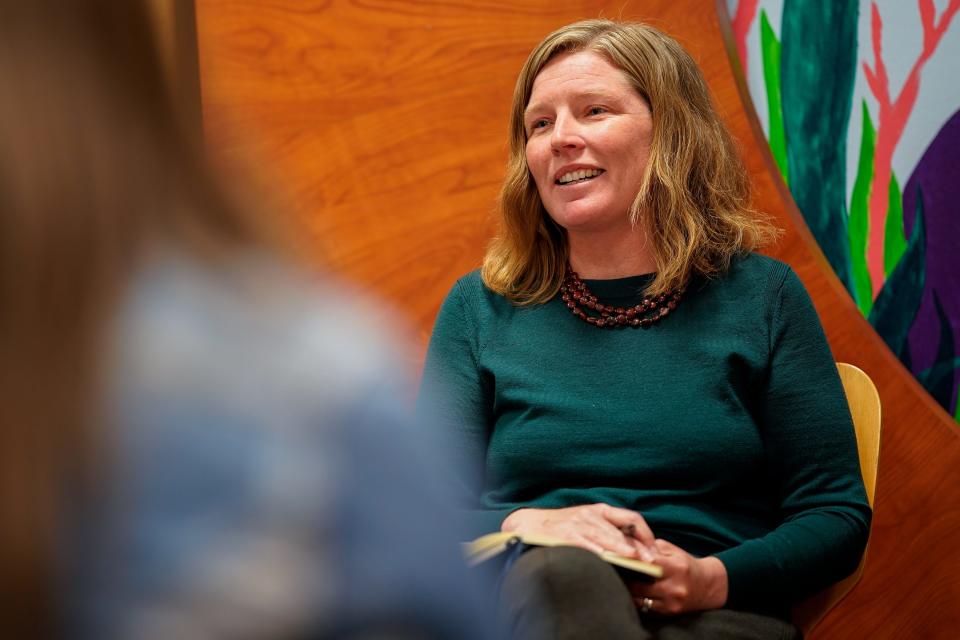 Erin O'Hara Block, a Democratic candidate for Nashville's District 8 school board seat, speaks during a candidate listening session hosted by Opportunity Nashville at the Green Hills Branch Nashville Public Library on March 28, 2022.