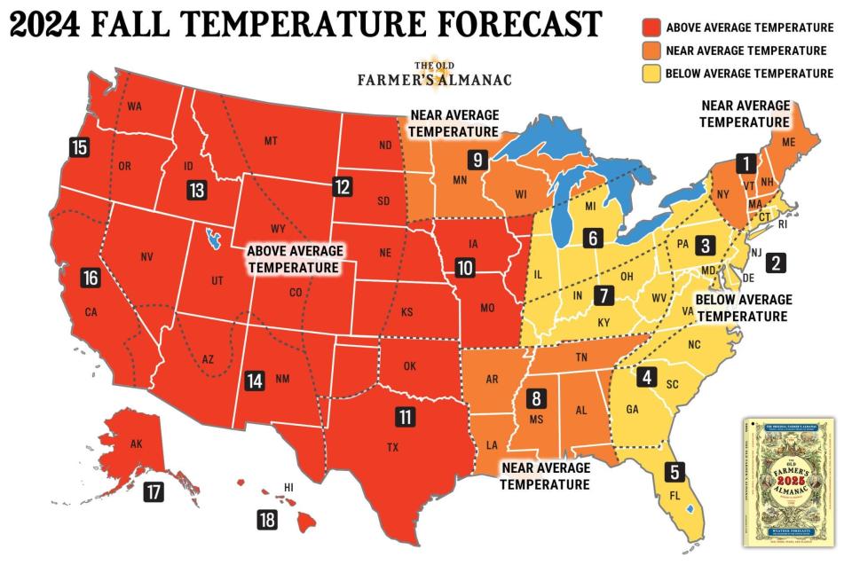 The Old Farmer's Almanac is predicting average temperatures for most of Tennessee this fall. Provided by Old Farmer's Almanac