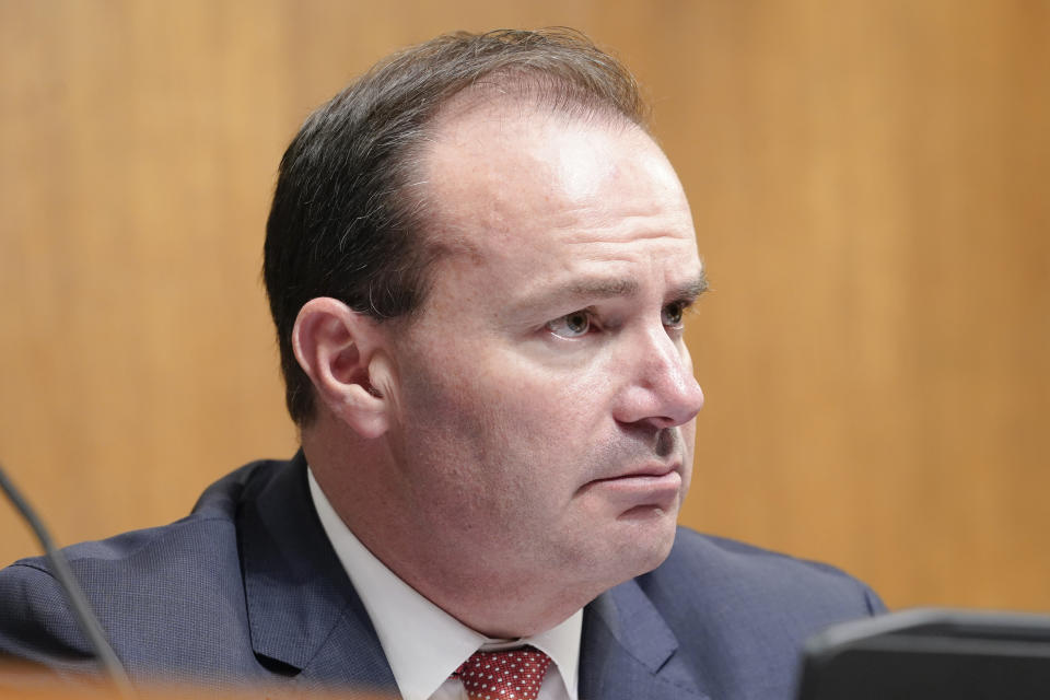 Sen. Mike Lee, R-Utah., questions witnesses during a Senate Judiciary Subcommittee on Competition Policy, Antitrust, and Consumer Rights hearing on the proposed Kroger-Albertsons grocery store merger, at the Capitol in Washington, Tuesday, Nov. 29, 2022. (AP Photo/Mariam Zuhaib)