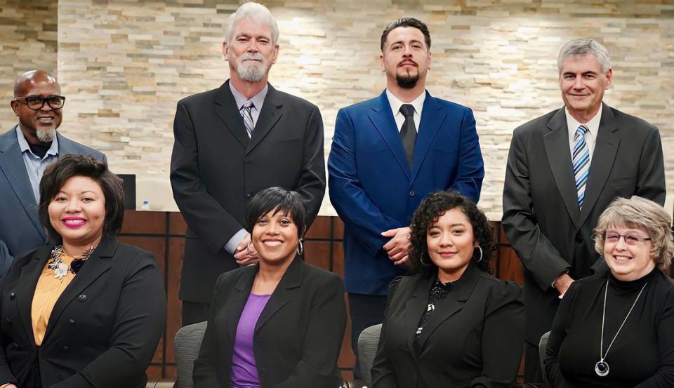 Everman school trustees (from left) Woodman Dawson, Ramonda Fields, Ricky Burgess, Superintendent Dr. Felicia Donaldson, Adan Covarrubias, Earnestine Palos, Gary Balch, Linda Lutrick. Everman ISD