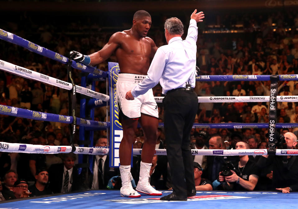 Referee Mike Griffin waves off the fight between Anthony Joshua (left) and Andy Ruiz Jr (not shown) at Madison Square Garden, New York. (Photo by Nick Potts/PA Images via Getty Images)