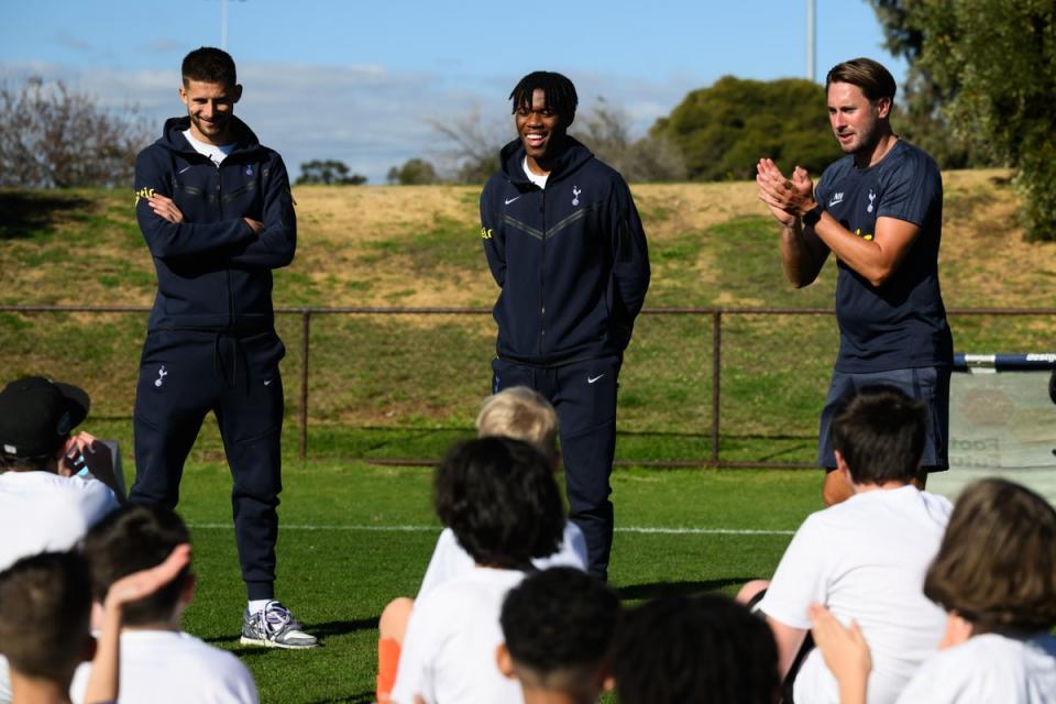 Destiny Udogie and Guglielmo Vicario of Spurs take part in a training session with the Telethon Charity (James Gourley)