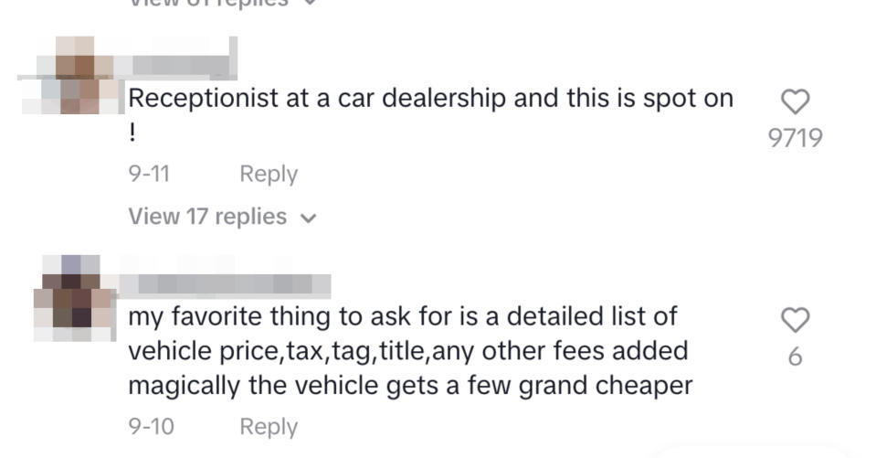 comments on her video including, "Receptionist at a car dealership and this is spot on"