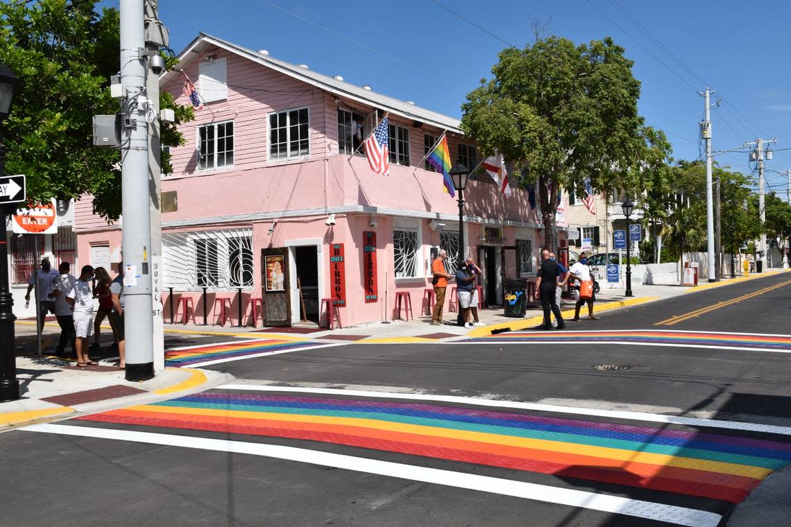 In Key West, the crosswalks in the 700 and 800 blocks of Duval Street reflect the colors of the original LGBTQ rainbow flag.