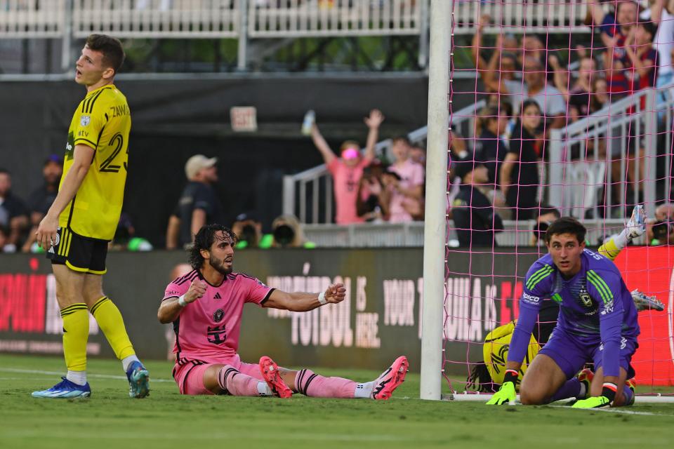 Jun 19, 2024; Fort Lauderdale, Florida, USA; Inter Miami CF forward Leo Campana (8) reacts after scoring a goal against the Columbus Crew during the first half at Chase Stadium. Mandatory Credit: Sam Navarro-USA TODAY Sports