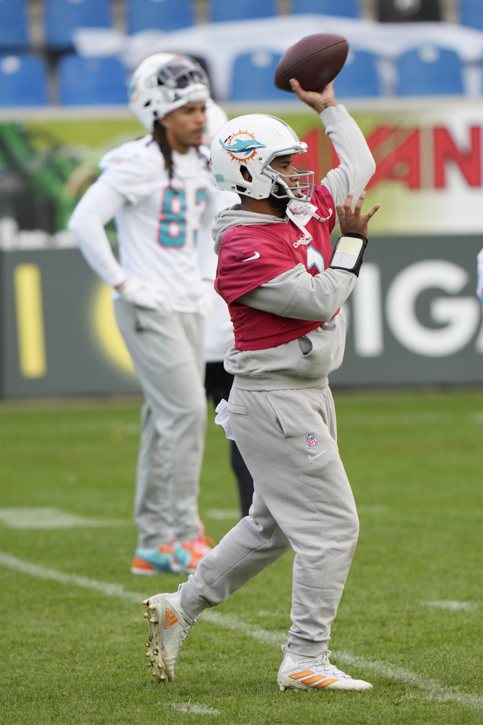 Miami Dolphins quarterback Tua Tagovailoa (1) throws the ball during a practice session in Frankfurt, Germany, Friday, Nov. 3, 2023. The Miami Dolphins are set to play the Kansas City Chiefs in a regular season NFL game in Frankfurt on Sunday. (AP Photo/Doug Benc)