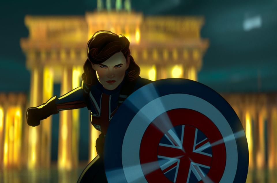 Agent Carter stands with a shield in a fighting pose