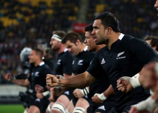 New Zealand's Liam Messam (C) and his teammates perform the Haka before the All Blacks vs Argentina Test match at the Westpac Stadium in Wellington, on September 8. The All Blacks expect to be targeted by an 'aerial bombardment' on Saturday as South Africa search for a way to break the world champions' stranglehold on the Rugby Championship