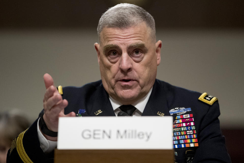 Gen. Mark Milley speaks at a Senate Armed Services Committee hearing on Capitol Hill in Washington, Thursday, July 11, 2019, for reappointment to the grade of general and to be Joint Chiefs of Staff Chairman. (AP Photo/Andrew Harnik)