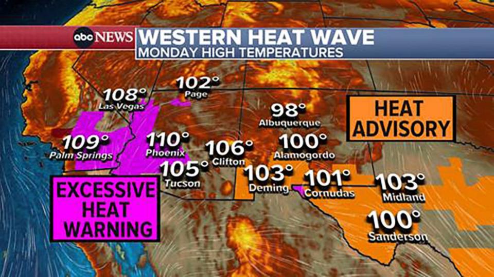 PHOTO: A weather map shows triple-digit temperatures from Palm Springs, Calif., to Midand, Texas, July 10, 2023. (ABC News)