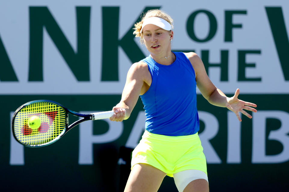 Daria Saville, pictured here in action against Elise Mertens at Indian Wells.