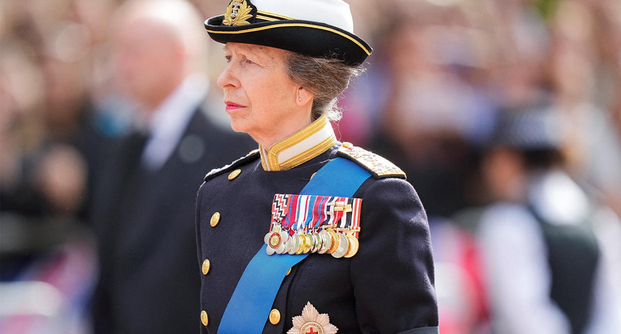 Britain's Princess Anne follows the coffin of Queen Elizabeth II during a procession from Buckingham Palace to Westminster Hall in London, Wednesday, Sept. 14, 2022. The Queen will lie in state in Westminster Hall for four full days before her funeral on Monday Sept. 19. Martin Meissner/Pool via REUTERS