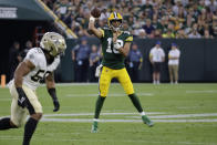 Green Bay Packers quarterback Jordan Love (10) passes during the first half of a preseason NFL football game against the New Orleans Saints Friday, Aug. 19, 2022, in Green Bay, Wis. (AP Photo/Mike Roemer)