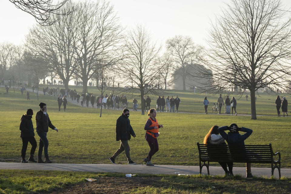 A day after London Mayor Sadiq Khan announced the spread of Covid is said to be out of control, South Londoners take their exercise in a cold Brockwell Park in Lambeth and during the third pandemic lockdown, on 9th January 2021, in London, England. The Coronavirus infection rate in London has exceeded 1,000 per 100,000 people, based on the latest figures from Public Health England although the Office for National Statistics recently estimated as many as one in 30 Londoners has coronavirus. (Photo by Richard Baker / In Pictures via Getty Images)