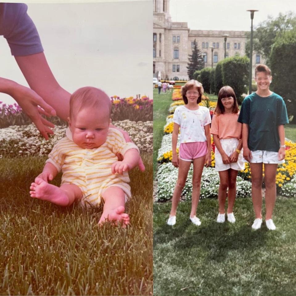 Left: Stephanie Vance as a baby at Queen Elizabeth II Gardens in August 1974. Right: Stephanie Vance (centre) with her siblings in the same gardens across from the Legislature in the 1980s. 