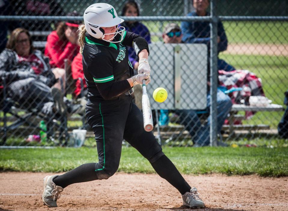 Yorktown's Ava McNally hits against Wapahani during their county championship game at Wes-Del High School Saturday, May 8, 2021. 