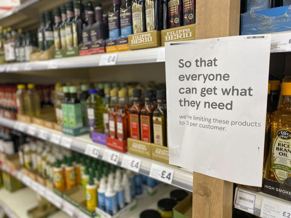 Cooking oil on shelves in a Tesco store in Ashford, Surrey (Steve Parsons/PA) (PA Wire)