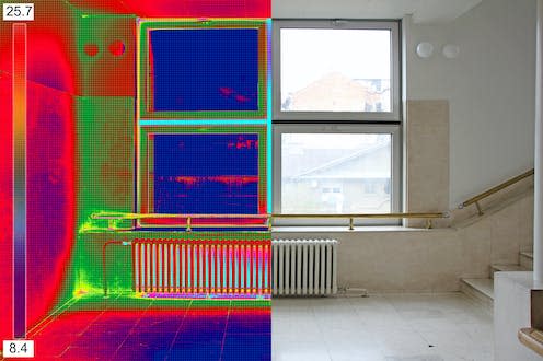 <span class="caption">Infrared imaging reveals where most heat is lost from a house.</span> <span class="attribution"><a class="link " href="https://www.shutterstock.com/image-photo/infrared-thermal-real-image-radiator-heater-408399907" rel="nofollow noopener" target="_blank" data-ylk="slk:Ivan Smuk/Shutterstock;elm:context_link;itc:0;sec:content-canvas">Ivan Smuk/Shutterstock</a></span>