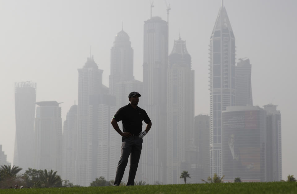 Tiger Woods from the U.S. studies a play on the 13th hole during the second round of the Dubai Desert Classic golf tournament in Dubai, United Arab Emirates, Friday Jan. 31, 2014. (AP Photo/Kamran Jebreili)