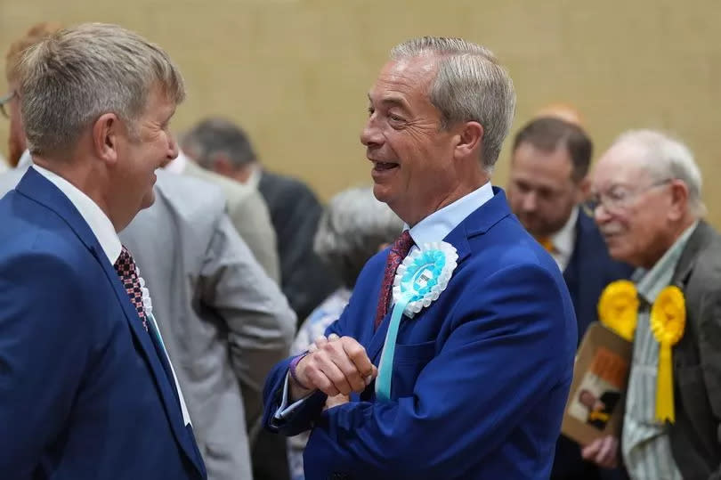 Reform UK leader Nigel Farage in Clacton Leisure Centre in Clacton, Essex