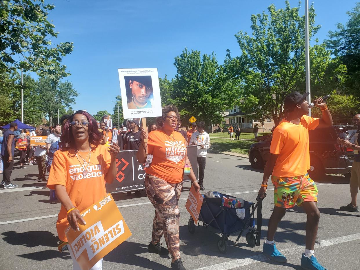 Community advocates march outside the Church of the Messiah on Detroit's east side in the 17th annual Silence the Violence march against gun violence on Saturday June 15, 2024. Jenna Prestininzi, Detroit Free Press